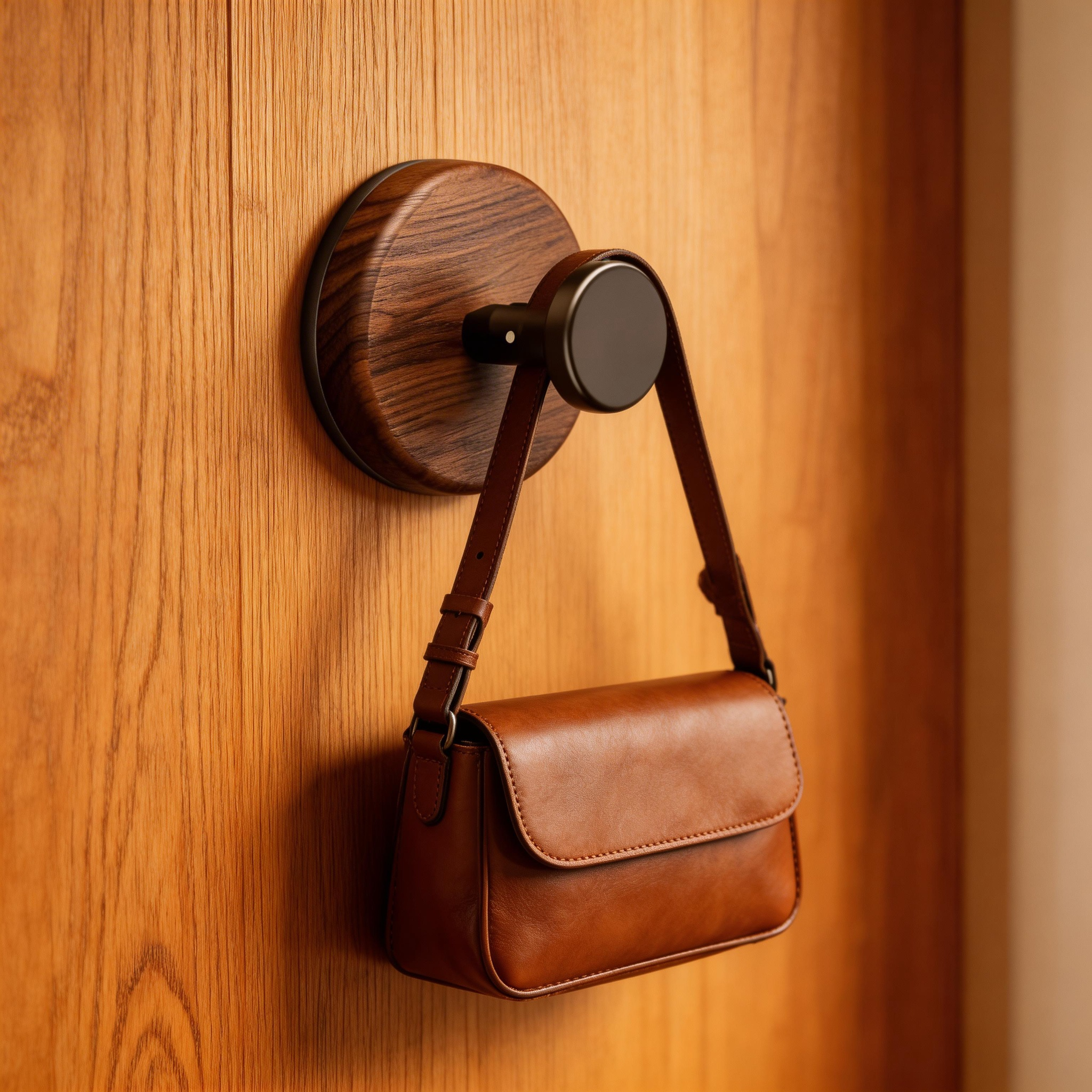 Premium Walnut-Grain Adhesive Wall Hooks - Drill-Free Organization Solution
